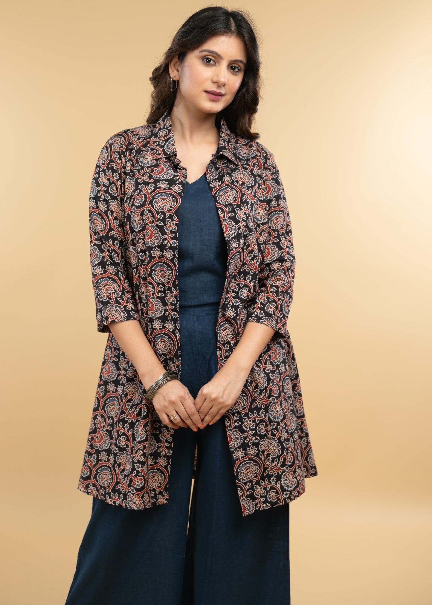 Smart Floral Ajrakh jacket Style Tunic with inner - pant optional