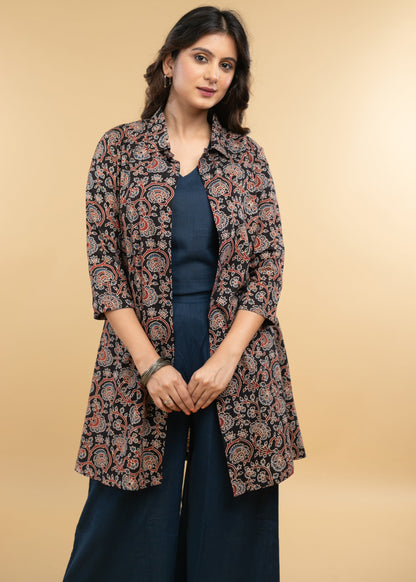 Smart Floral Ajrakh jacket Style Tunic with inner - pant optional