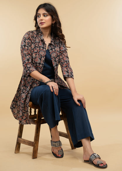 Smart Floral Ajrakh jacket Style Tunic with inner - pant optional