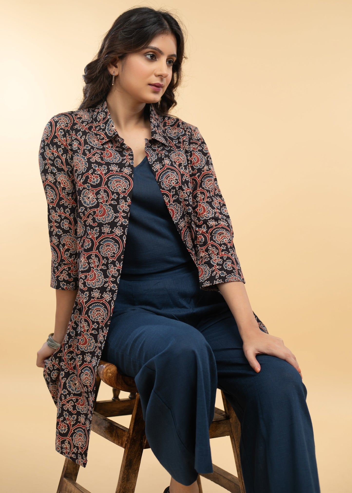 Smart Floral Ajrakh jacket Style Tunic with inner - pant optional