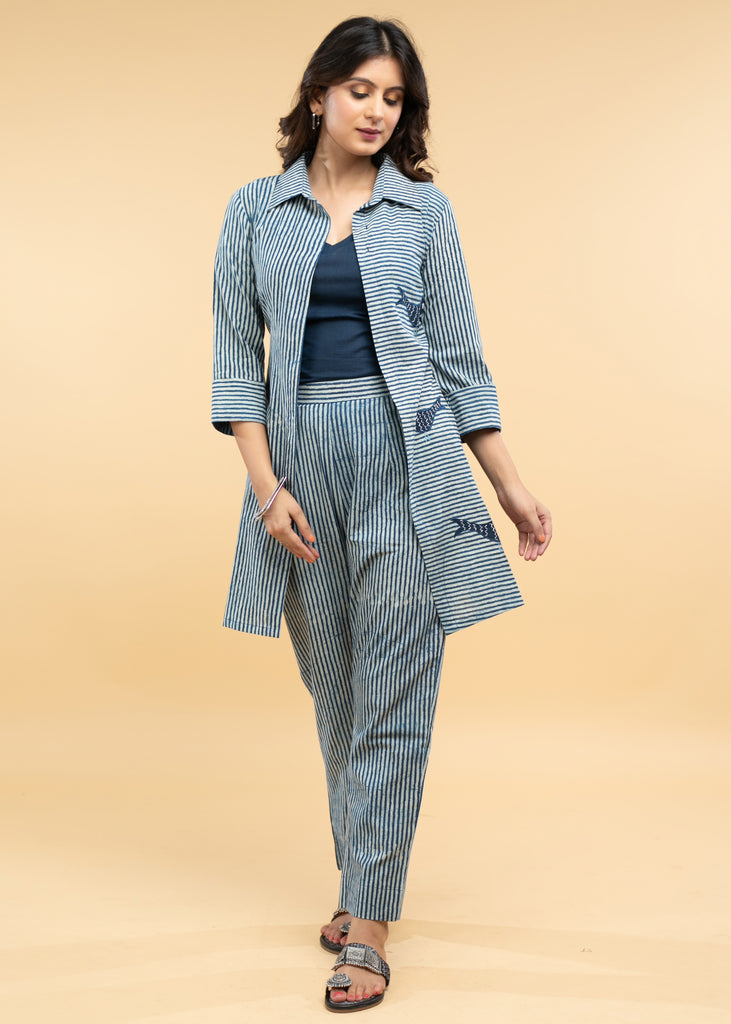 Chique Applique Work Striped Indigo Shirt Jacket with Cotton Inner (2 Piece)- Co-ord Indigo Pant Optional