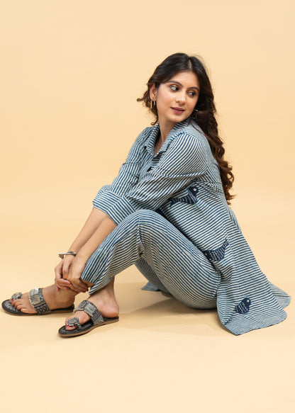 Chique Applique Work Striped Indigo Shirt Jacket with Cotton Inner (2 Piece)- Co-ord Indigo Pant Optional