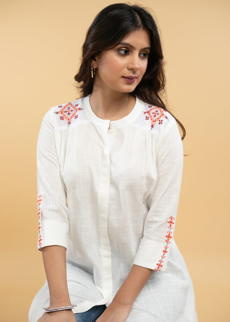 Serene White Cotton Embroidered Tunic with Gerogette Shoulder Patches