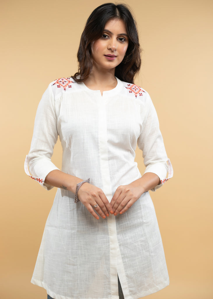 Serene White Cotton Embroidered Tunic with Gerogette Shoulder Patches