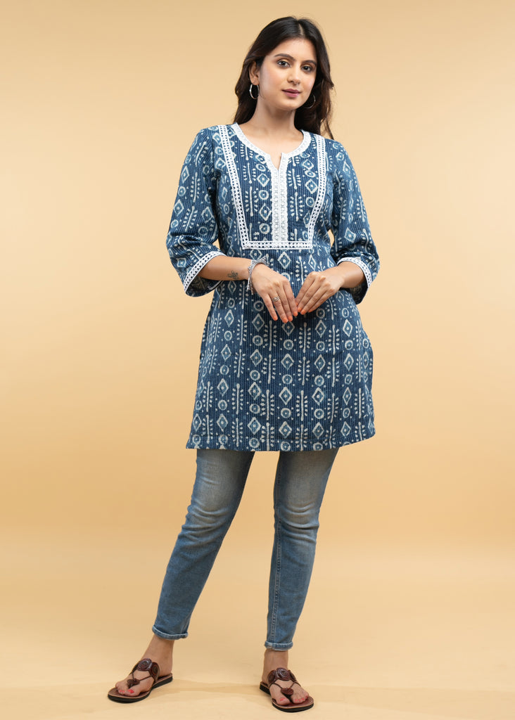 Indigo Tunic with Kantha stitches & Laces -Pant Optional