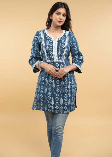 Indigo Tunic with Kantha stitches & Laces -Pant Optional