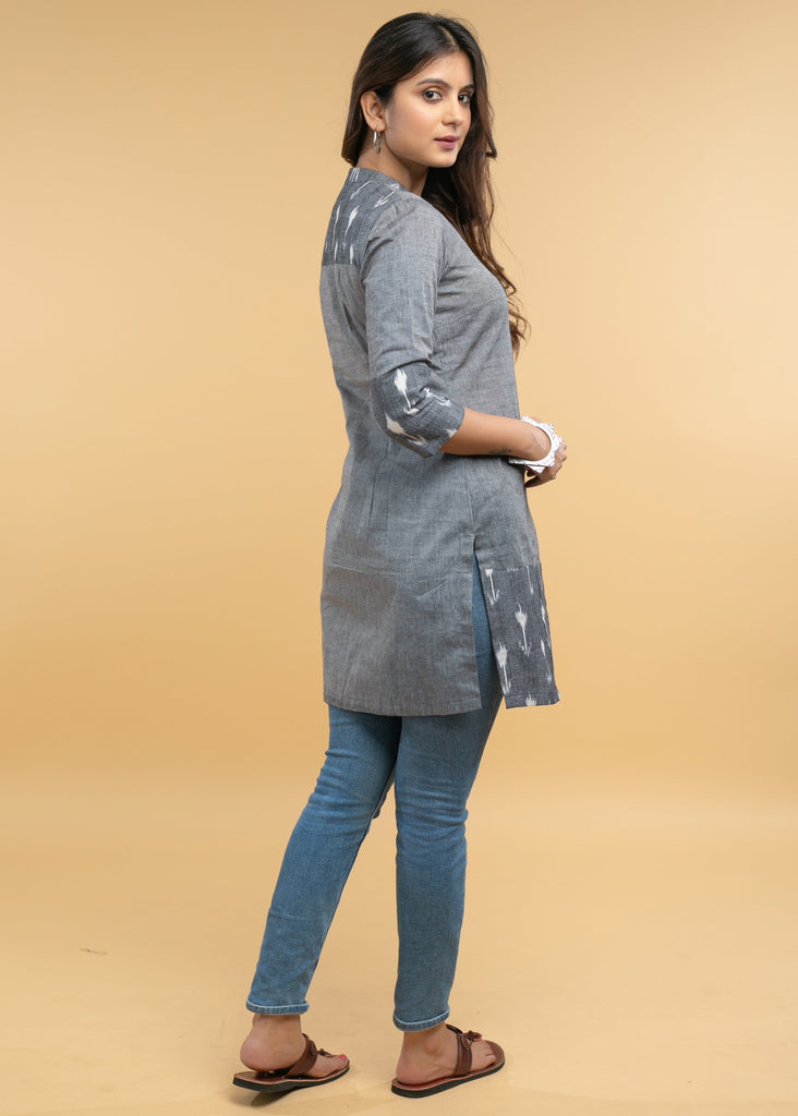 Casual Grey Cotton Ikat Combination Tunic