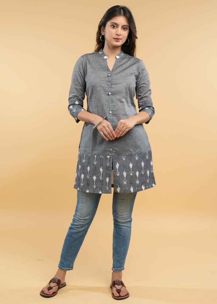 Casual Grey Cotton Ikat Combination Tunic