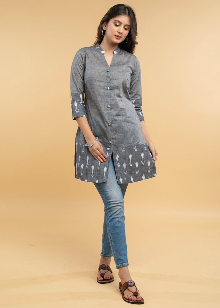 Casual Grey Cotton Ikat Combination Tunic