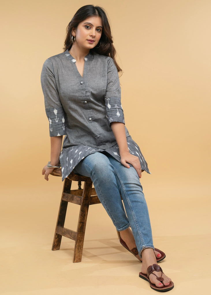Casual Grey Cotton Ikat Combination Tunic