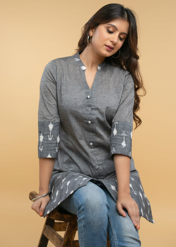 Casual Grey Cotton Ikat Combination Tunic