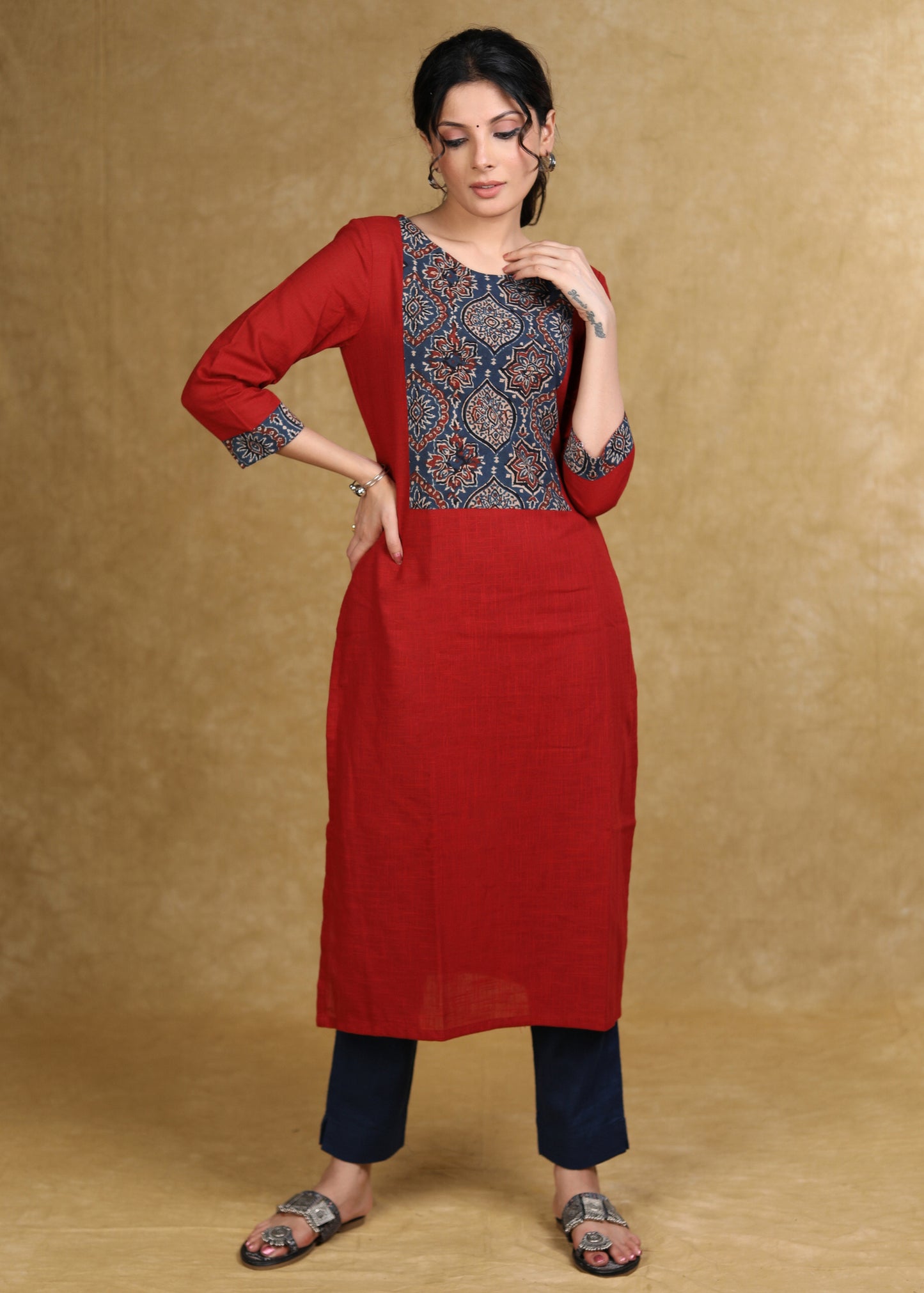 Smart Maroon Cotton Kurta with Blue Ajrakh Yoke
