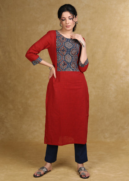 Smart Maroon Cotton Kurta with Blue Ajrakh Yoke