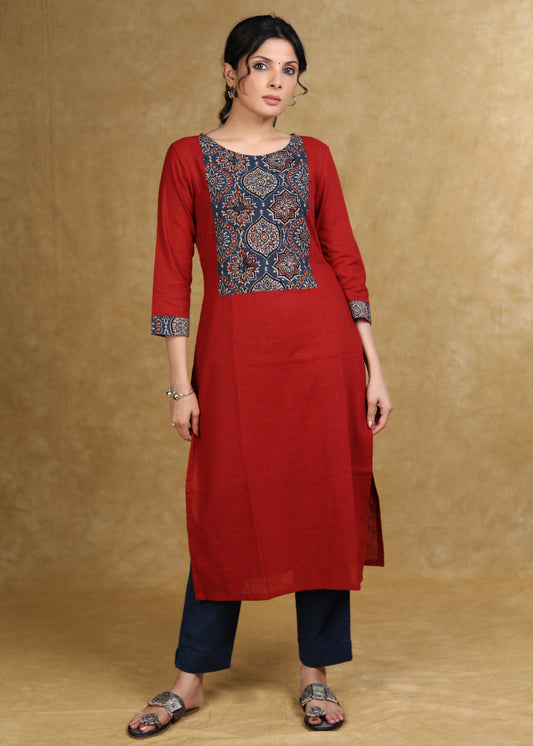 Smart Maroon Cotton Kurta with Blue Ajrakh Yoke