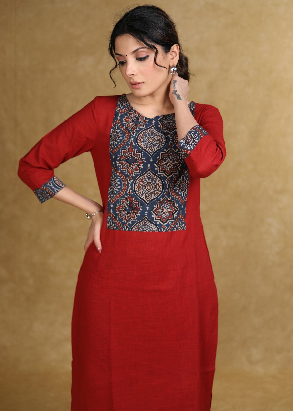 Dussehra Sale — Smart Maroon Cotton Kurta with Blue Ajrakh Yoke