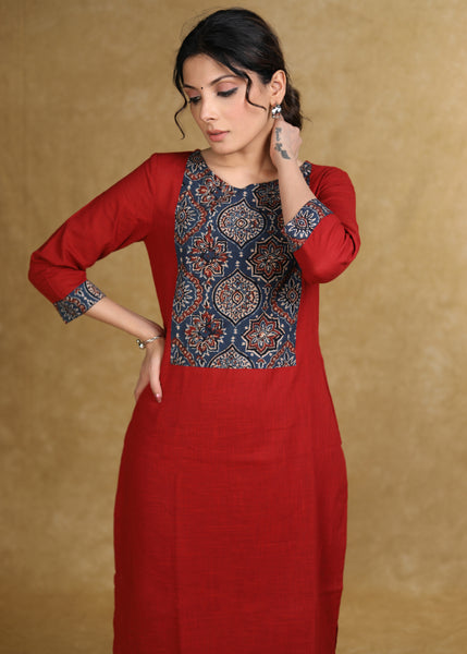 Smart Maroon Cotton Kurta with Blue Ajrakh Yoke