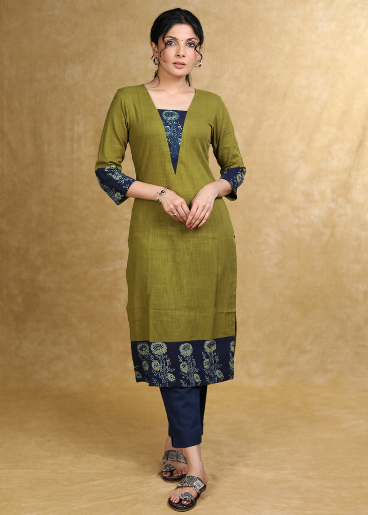 Classy Moss Green Cotton Kurta with Blue Floral Combination