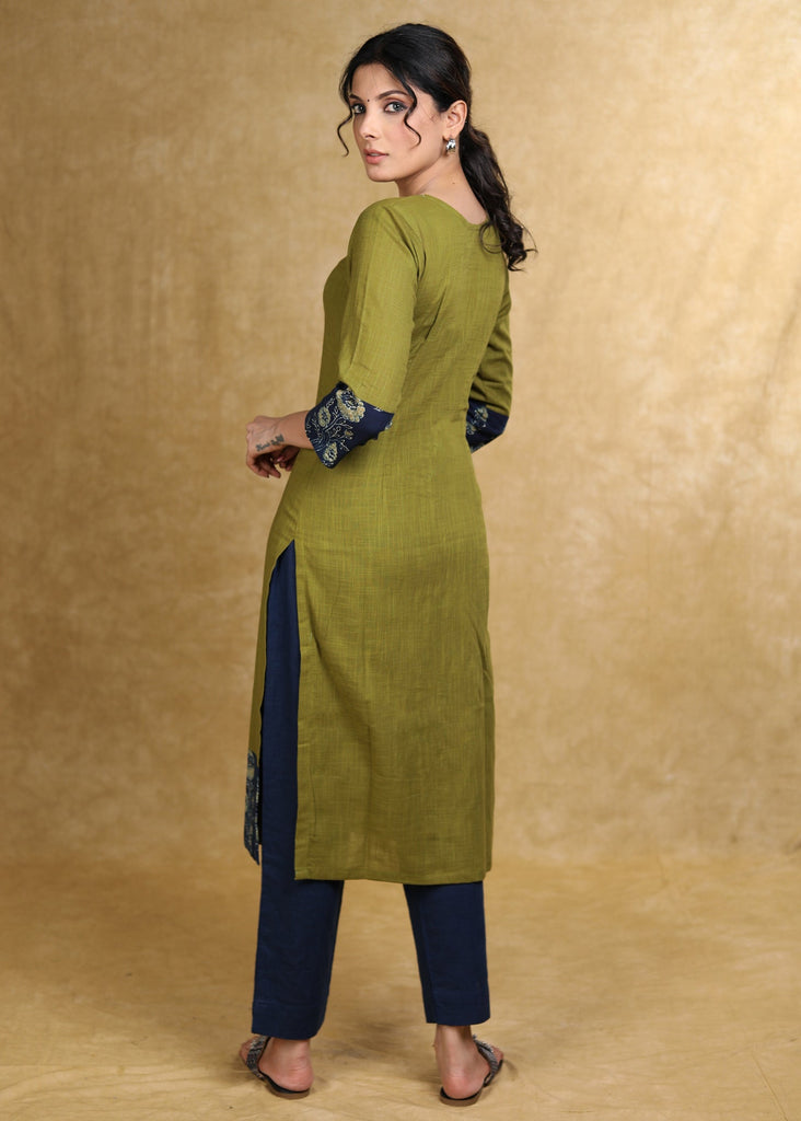 Classy Moss Green Cotton Kurta with Blue Floral Combination