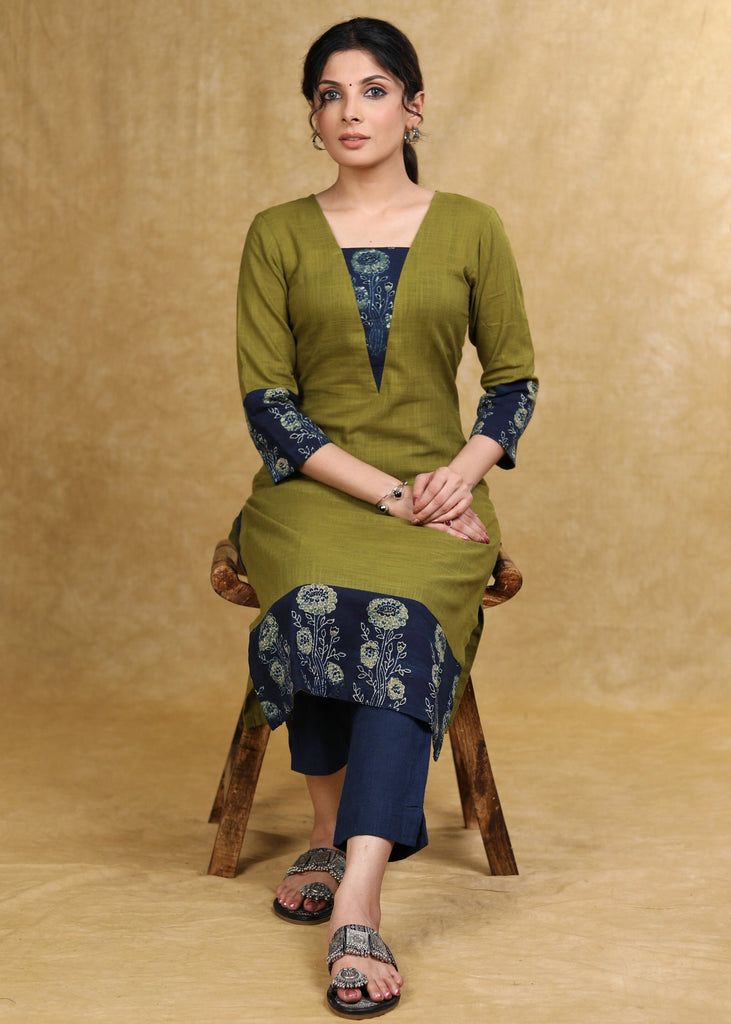 Classy Moss Green Cotton Kurta with Blue Floral Combination