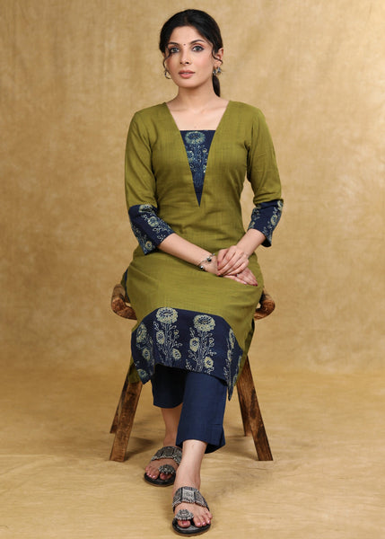 Classy Moss Green Cotton Kurta with Blue Floral Combination