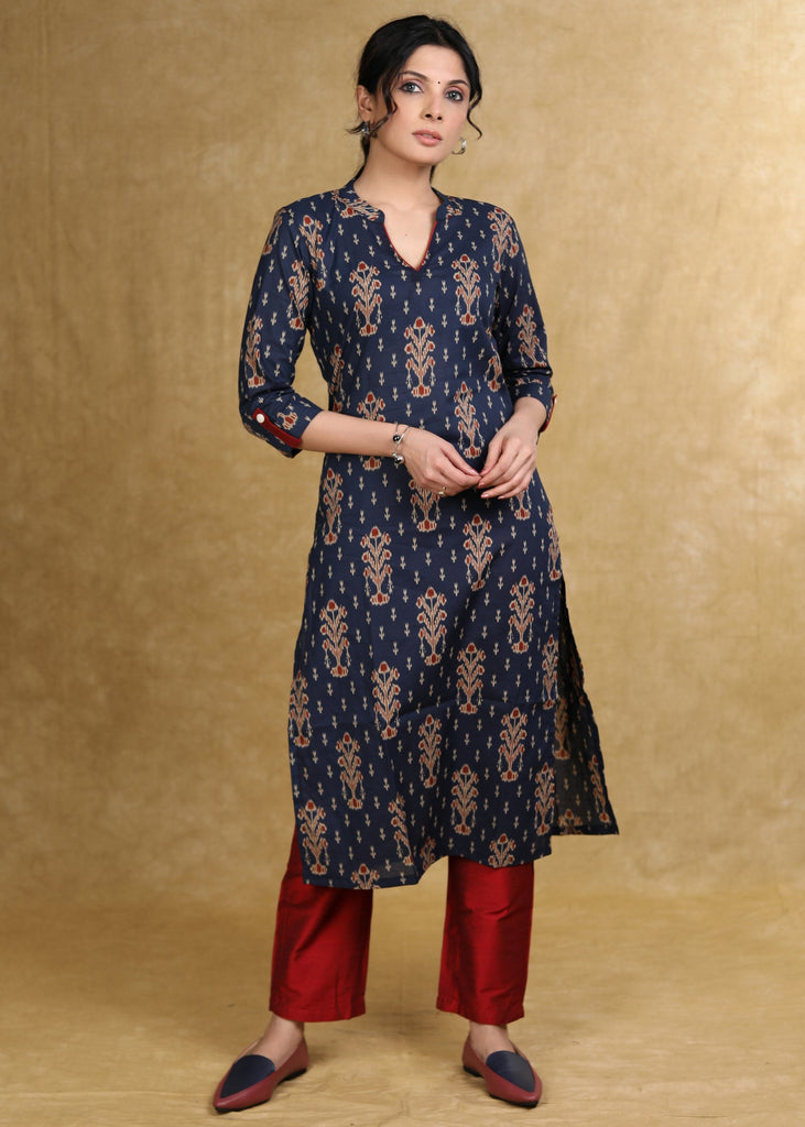 Elegant Blue Printed Ajrakh Straight Cut Kurta