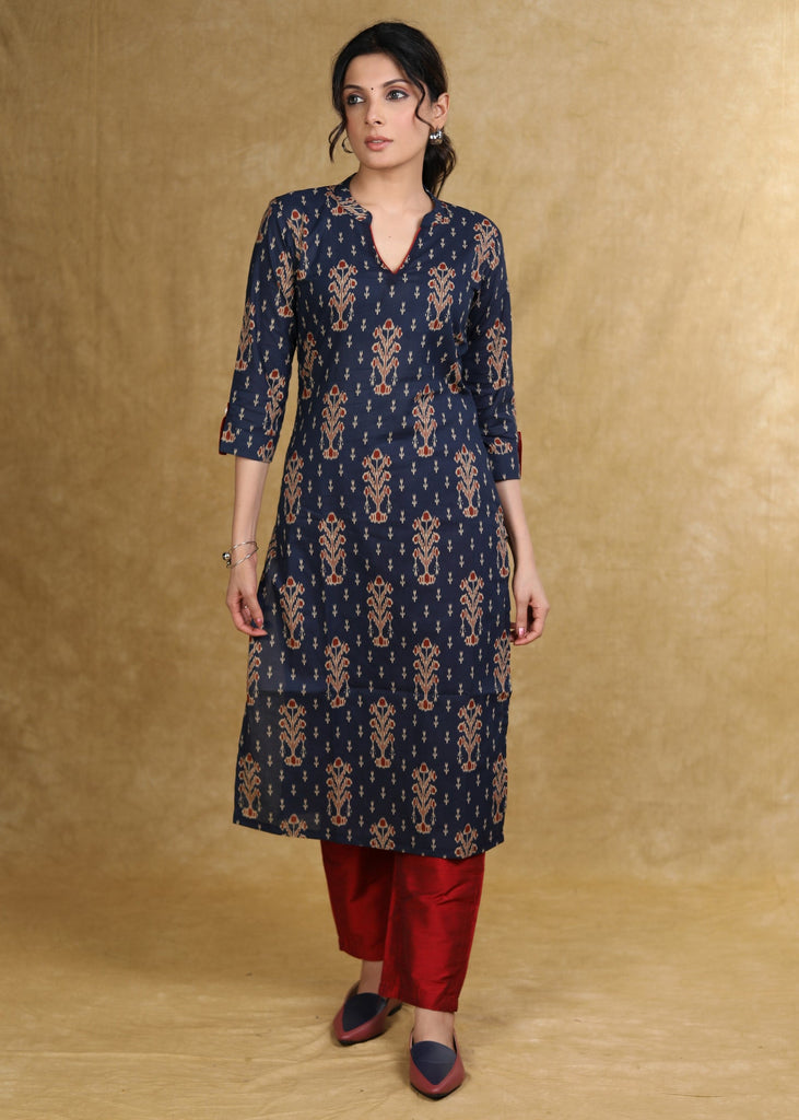 Elegant Blue Printed Ajrakh Straight Cut Kurta