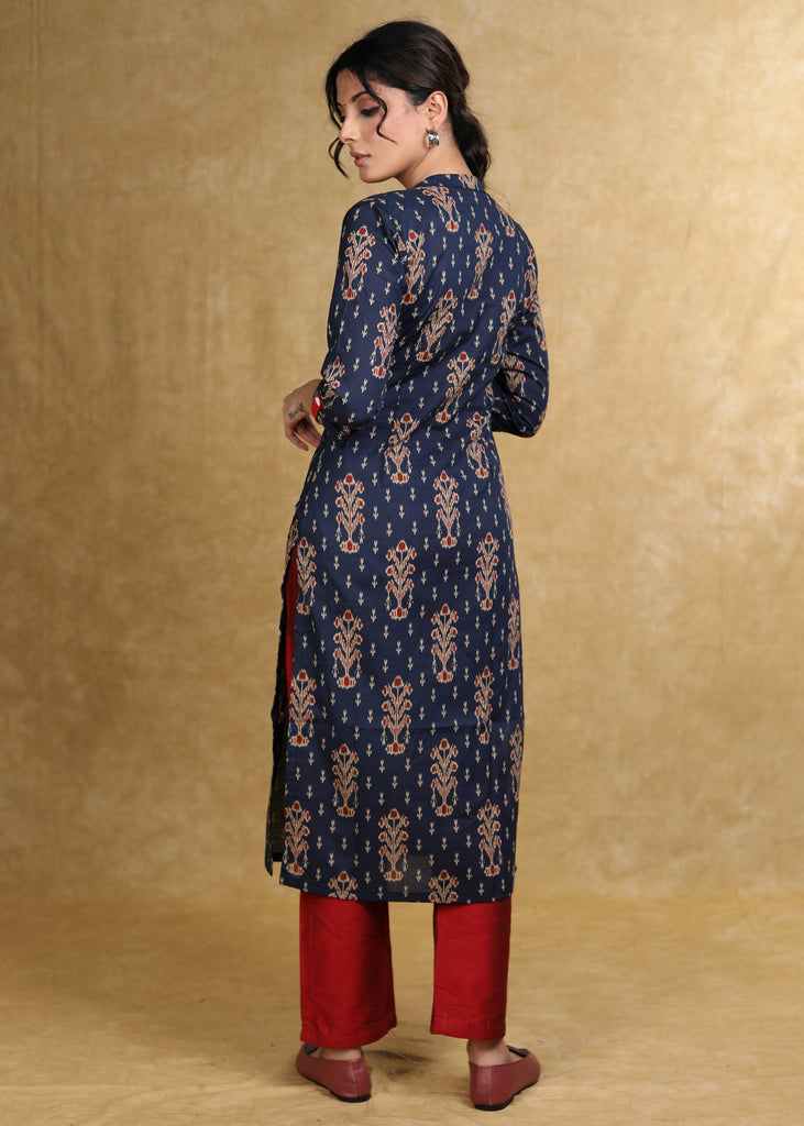 Elegant Blue Printed Ajrakh Straight Cut Kurta