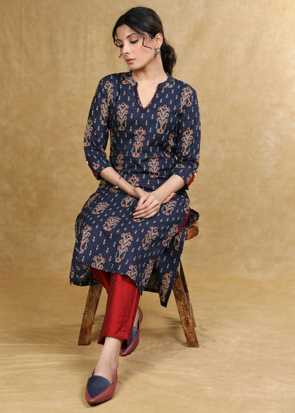 Elegant Blue Printed Ajrakh Straight Cut Kurta