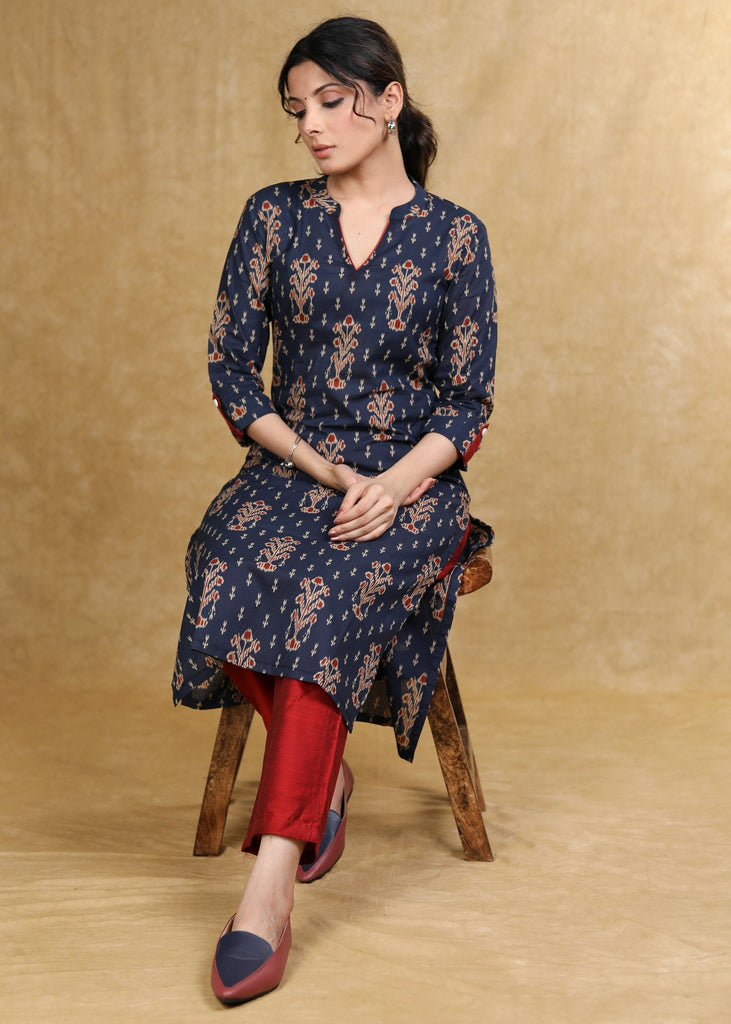Elegant Blue Printed Ajrakh Straight Cut Kurta