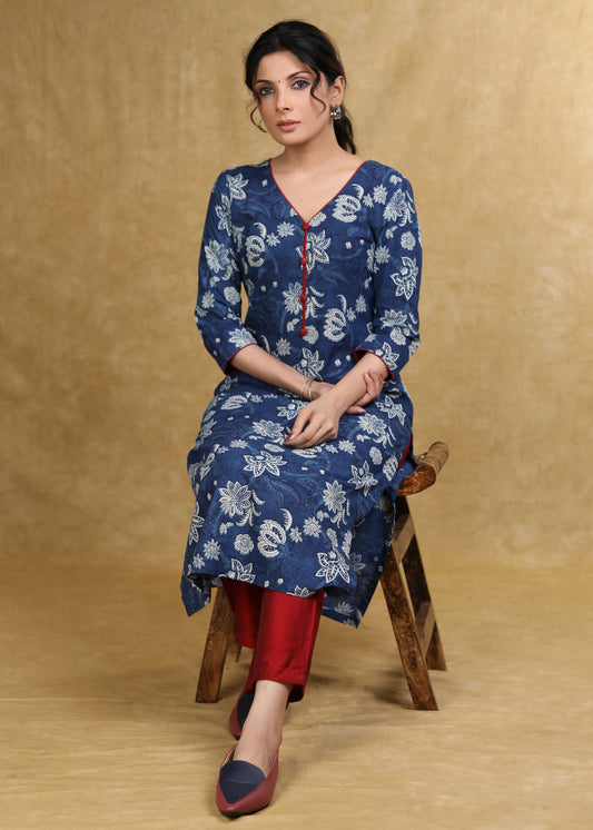 Easy To Wear Cotton Floral Indigo Kurta