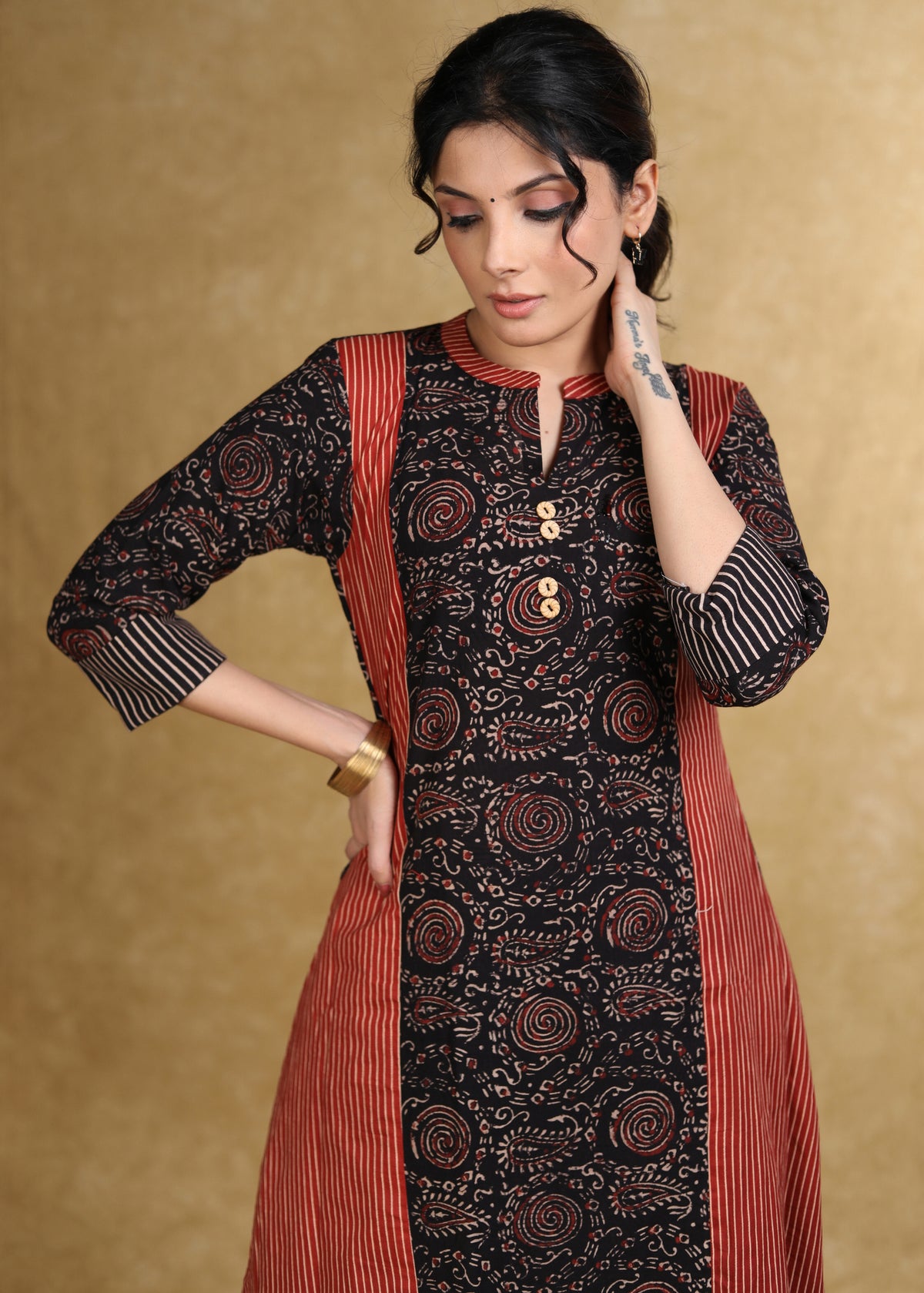 A-Line Black Maroon Ajrakh Combination Kurta - Pant Optional