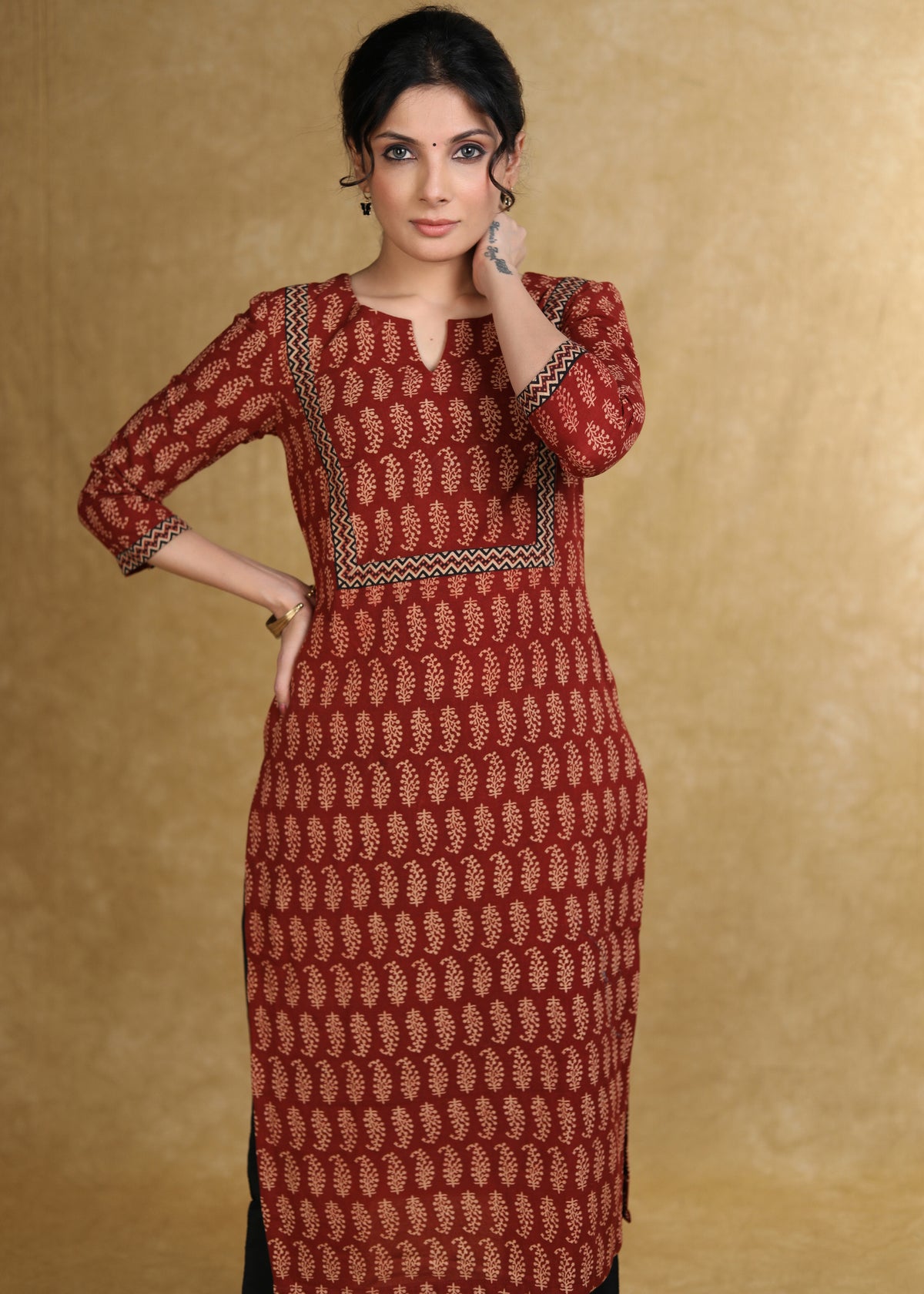 Dussehra Sale — Classy Maroon Ajrakh Combination Kurta - Pant Optional