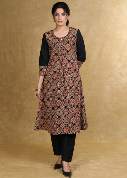 Classy Black Cotton Ajrakh Box Pleated Kurta