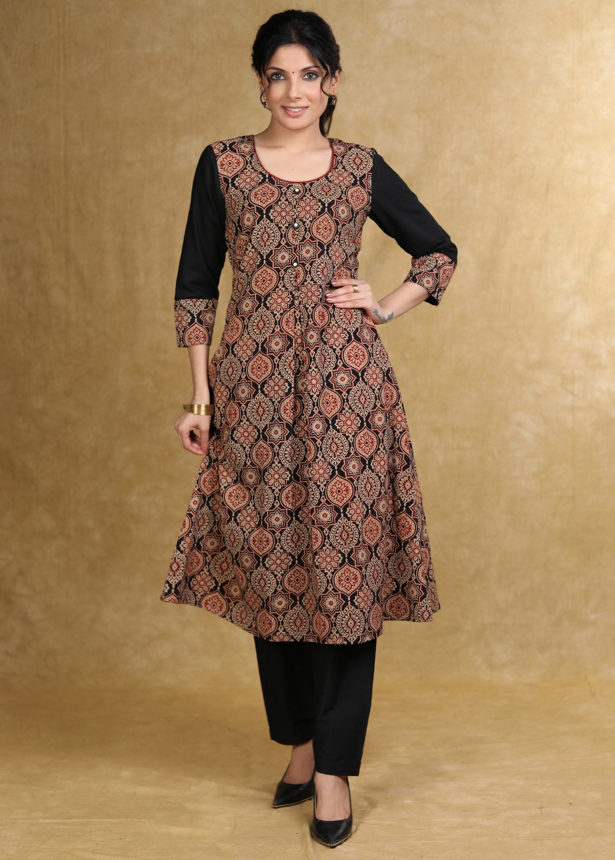 Dussehra Sale — Classy Black Cotton Ajrakh Box Pleated Kurta - Pant Optional