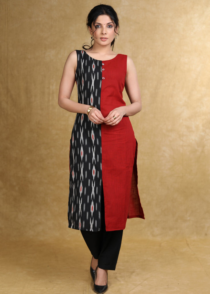 Elegant Maroon Cotton and Ikat Combination Half and Half Kurta