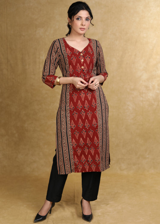 Smart Marron Black Cotton Ajrakh Combination Kurta