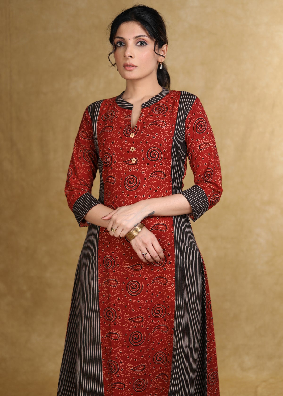A-Line Maroon Black Ajrakh Combination Kurta - Pant Optional