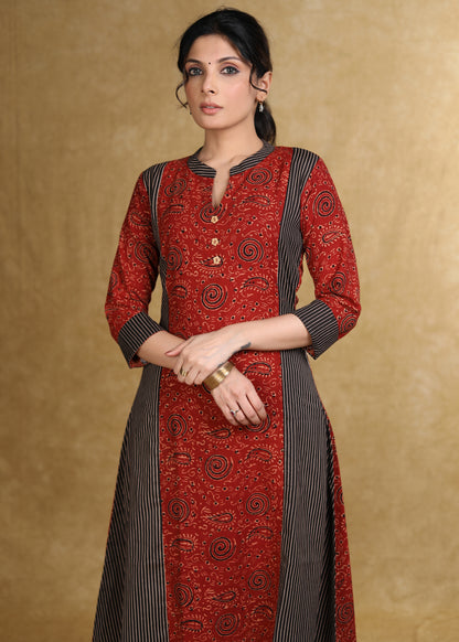 A-Line Maroon Black Ajrakh Combination Kurta
