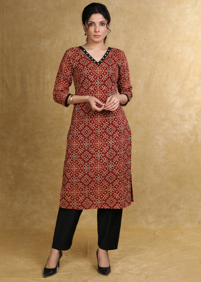 Easy To Wear Maroon Cotton Ajrakh Straight Cut Kurta with Pearl Embellishment