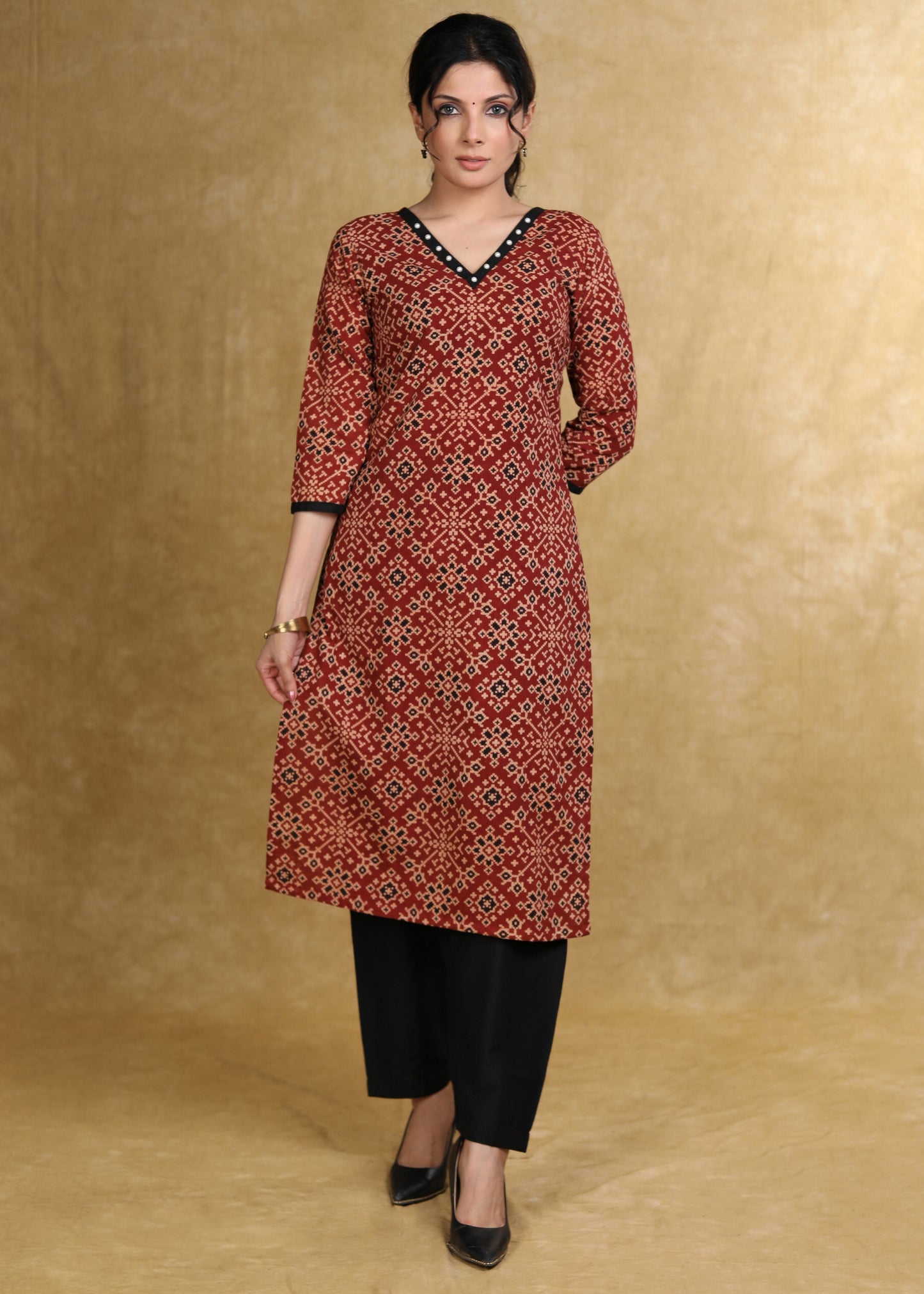 Easy To Wear Maroon Cotton Ajrakh Straight Cut Kurta with Pearl Embellishment