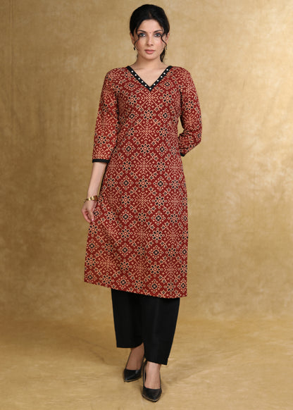 Easy To Wear Maroon Cotton Ajrakh Straight Cut Kurta with Pearl Embellishment