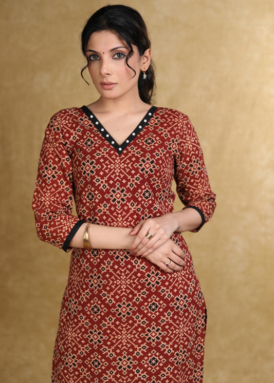 Easy To Wear Maroon Cotton Ajrakh Straight Cut Kurta with Pearl Embellishment
