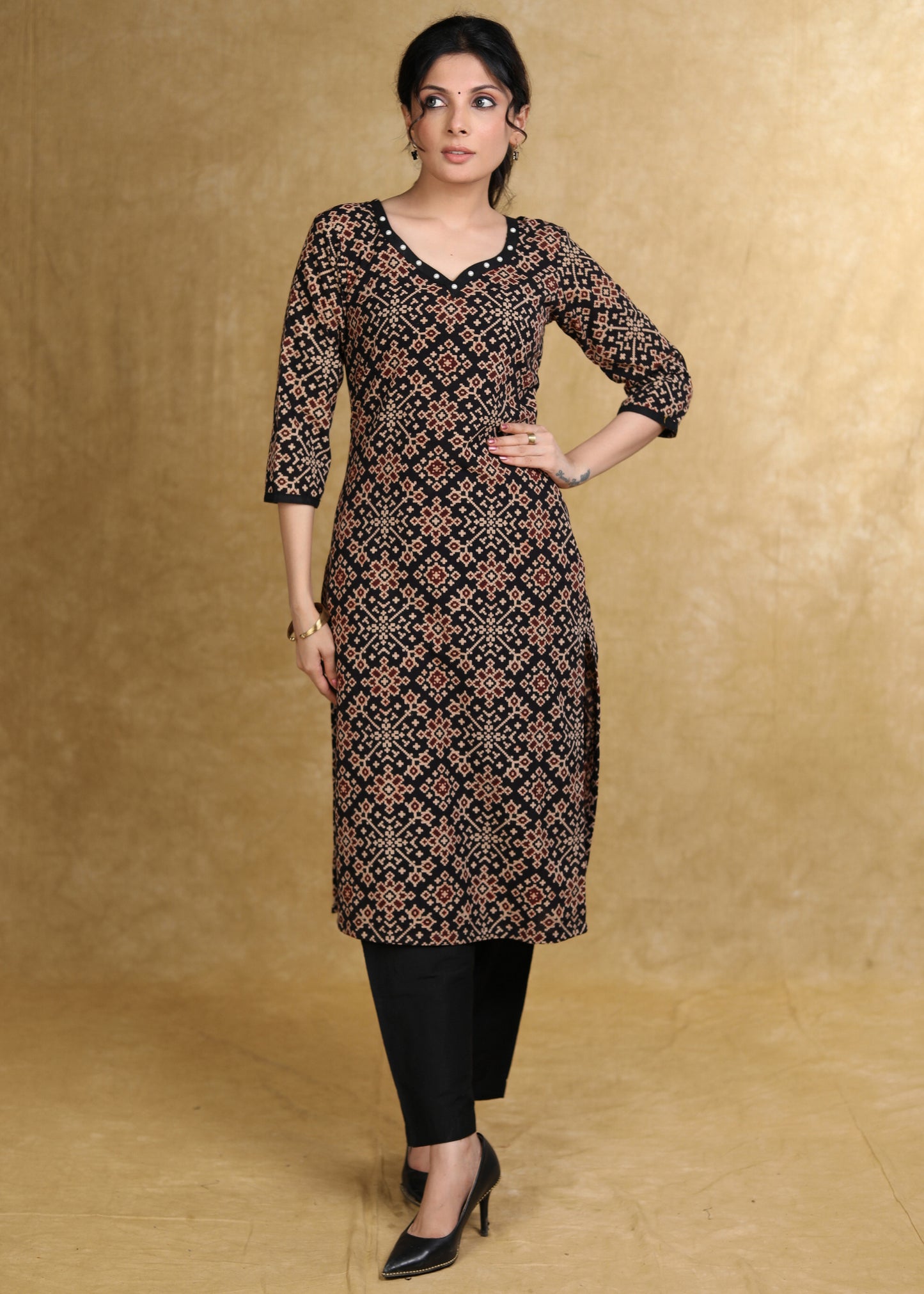 Easy To Wear Black Cotton Ajrakh Straight Cut Kurta with Pearl Embellishment