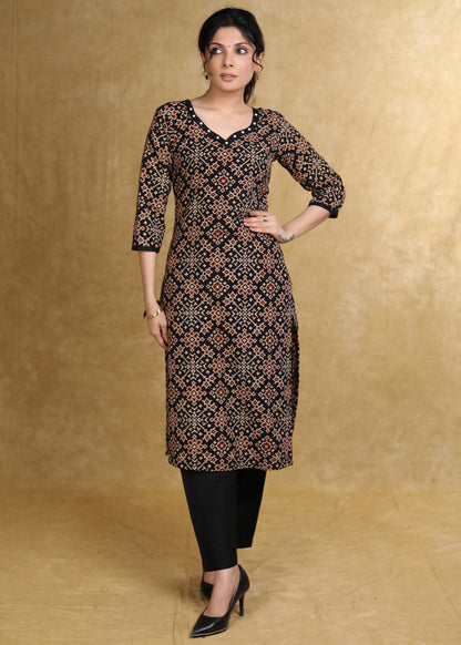 Easy To Wear Black Cotton Ajrakh Straight Cut Kurta with Pearl Embellishment