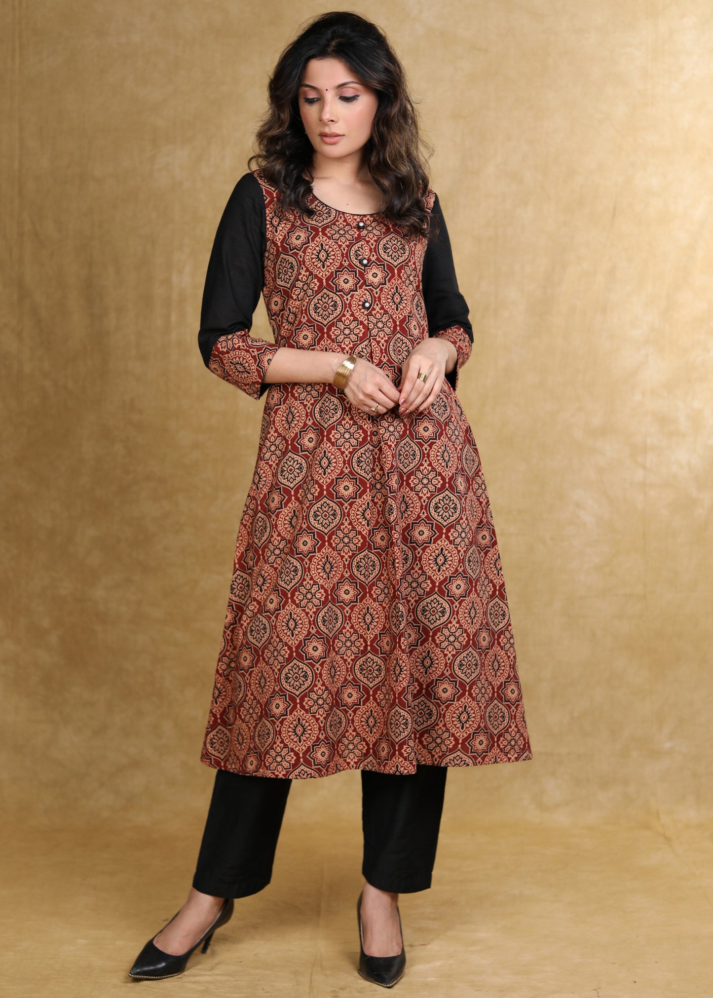 Classy Maroon Cotton Ajrakh Box Pleated Kurta