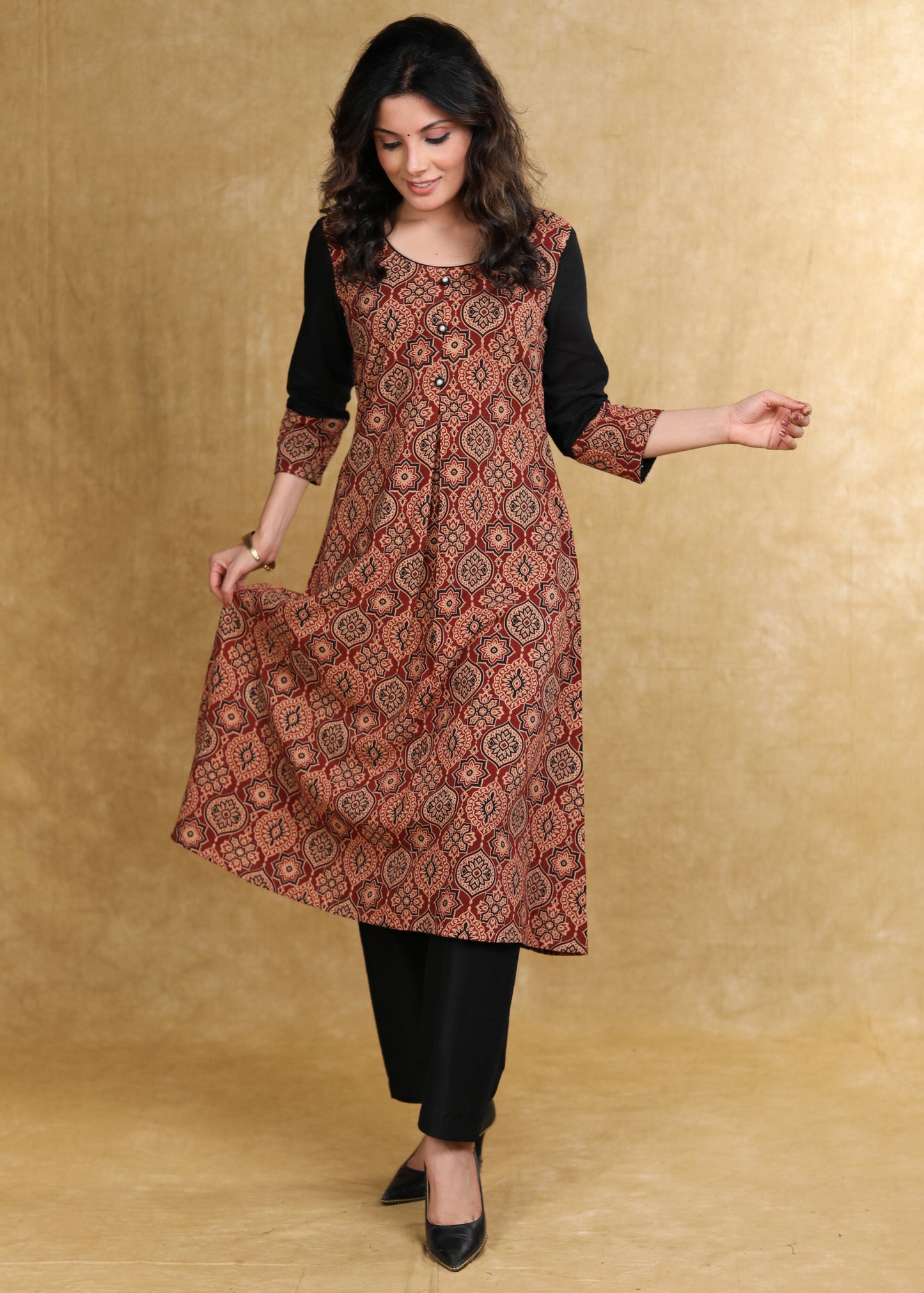 Classy Maroon Cotton Ajrakh Box Pleated Kurta