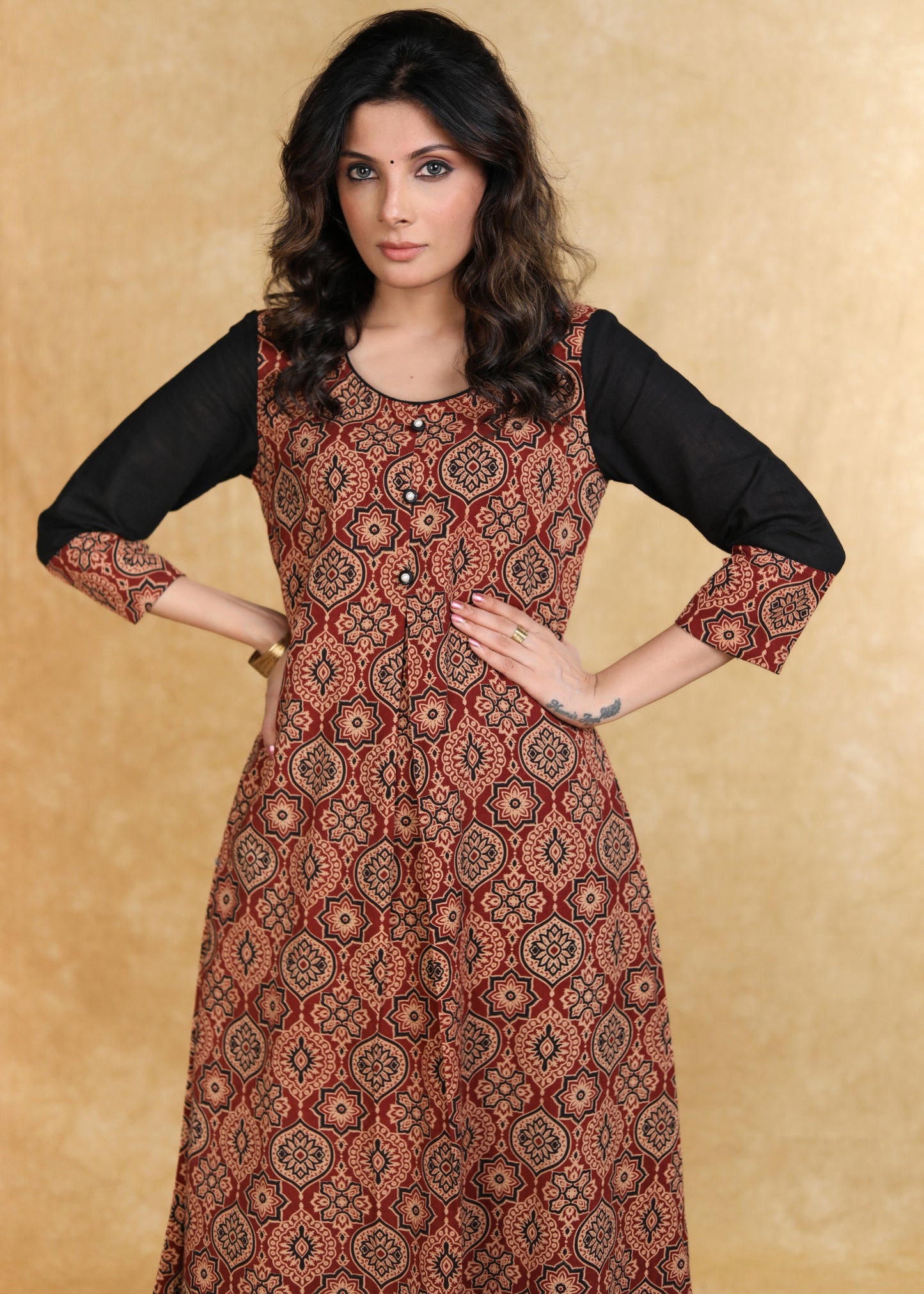 Classy Maroon Cotton Ajrakh Box Pleated Kurta