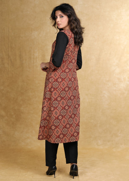 Classy Maroon Cotton Ajrakh Box Pleated Kurta