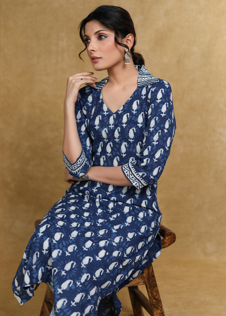 Buy Indigo Print Cotton Sleeveless Kurti Set Online in India | Colorauction