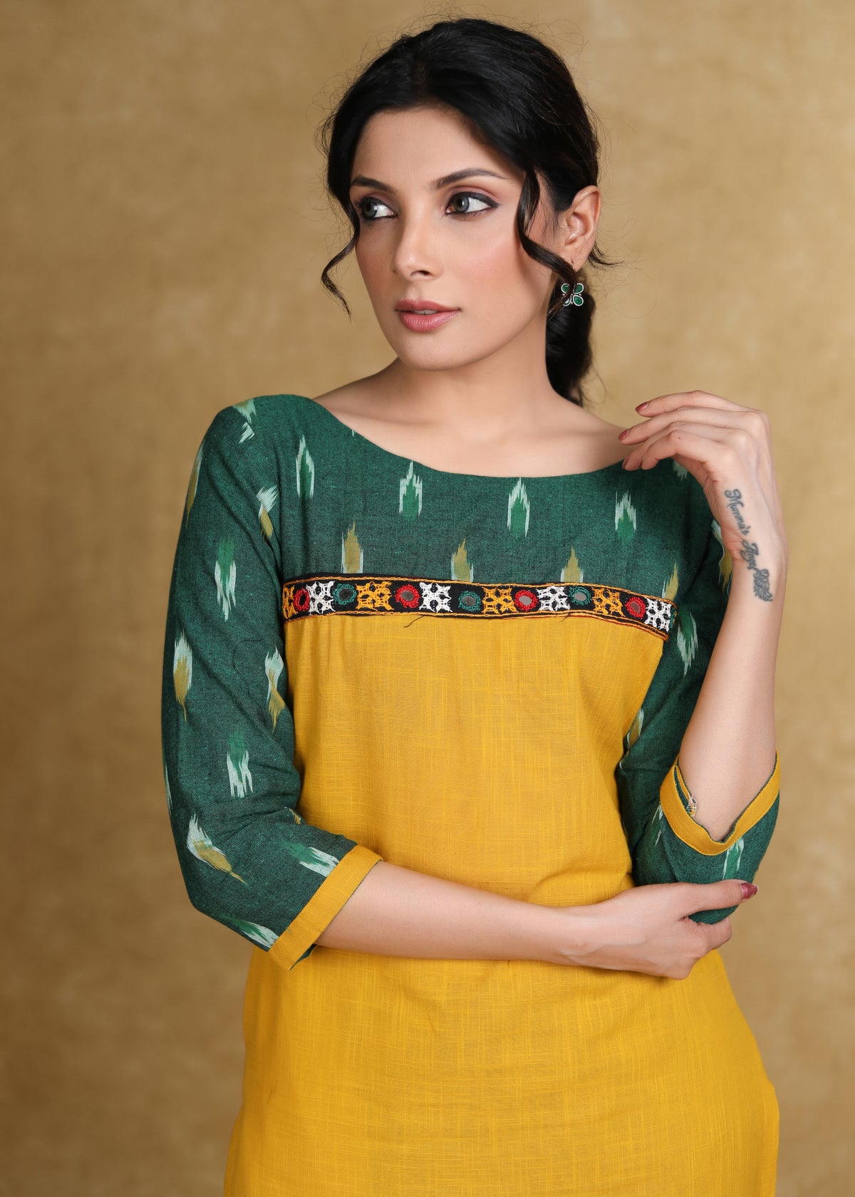 Elegant Cotton Ikat Combination Kurti Highlighted with Mirror Lace - Pant Optional